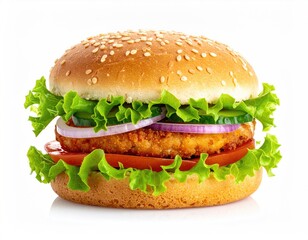 Close-up of a sandwich with sesame seed bun, lettuce, tomato, cucumber, and onion