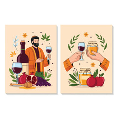 Set of two illustrations celebrating Jewish holidays with traditional symbols like wine, honey, apples, and pomegranates.