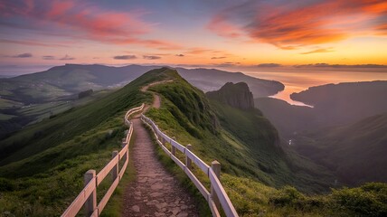 Winding mountain path with wooden fence at sunset overlooking a coastal bay Keywords: mountain, landscape, nature, sunset, sky, clouds, orange, pink