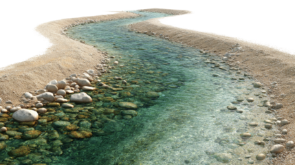 Serene winding stream with crystalline water, stones, and sandy banks isolated on transparent