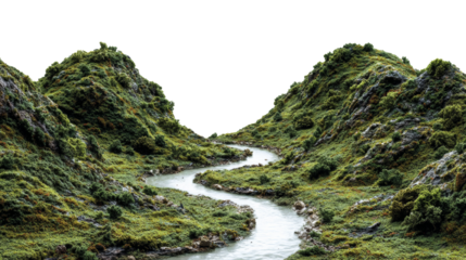 Tranquil stream winding through lush green hills under a soft sky panorama scenic overlook with