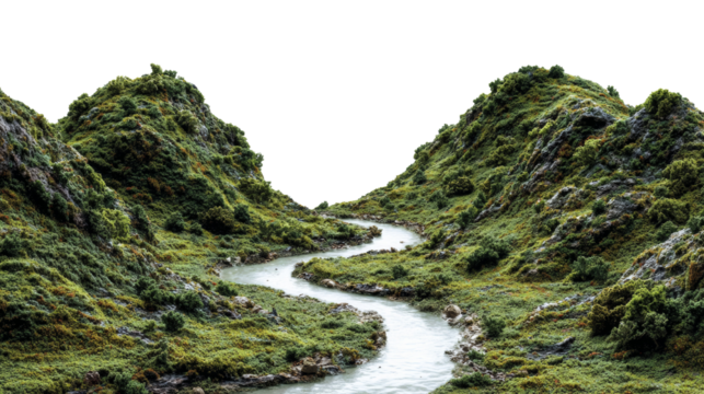 Tranquil stream winding through lush green hills under a soft sky panorama scenic overlook with