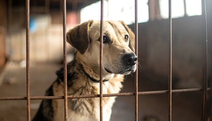 Lonely dog waits behind rusty bars