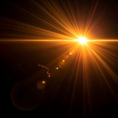 A radiant sunrise or sunset, with bright, golden rays emanating from a central point, and lens flares adding to the dramatic effect