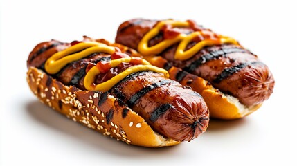 Two grilled hot dogs with mustard and ketchup on sesame seed buns
