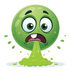 Fototapeta premium An emoji-style face vomiting green liquid, isolated on a white background, symbolizing nausea,