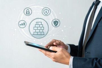 Businessman uses tablet with digital network of security and data protection icons overlayed