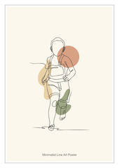 Fototapeta premium Delightful minimalist line art of a child running with muted earth tones, perfect for modern nursery decor and children's book illustrations
