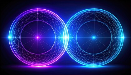 Two interconnected glowing spheres with geometric patterns