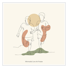 Dynamic line art poster of two boys running together in a friendly race, perfect for promoting healthy lifestyles and childhood adventures