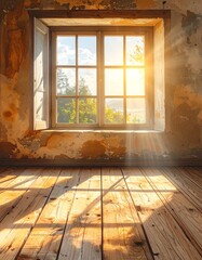 Sunlit room with aged walls, wooden floor, and a window showcasing a scenic view