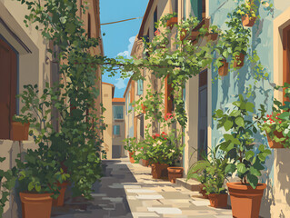 Fototapeta premium Vector illustration of a charming old-town lane, filled with vibrant plants, creating a picturesque scene