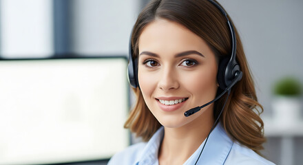 Customer Service Agent with Headset in Modern Office, Remote Communication, Professional Support Role, Bright Workspace, and Tech-Driven Environment, 8K image 