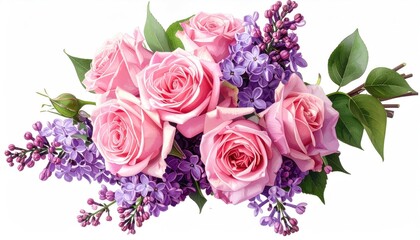 A bouquet of pink roses and purple lilac flowers