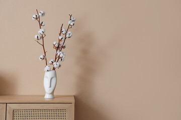 Vase with cotton flowers on chest of drawers near beige wall in living room, closeup