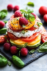 Layered fresh tomatoes, cheese, and raspberries, garnished with basil and pepper, presented as an exquisite edible creation.
