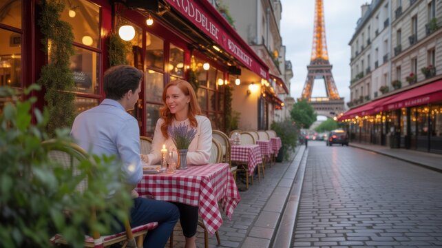 Evening street scene Paris France outdoor restaurant couple dining Eiffel Tower cityscape
