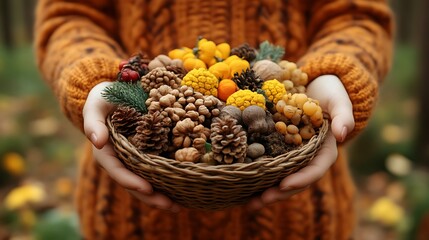 Hands holding a woven basket filled with autumnal decorations