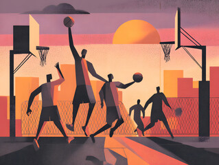 Basketball Players in Silhouette Playing on Outdoor Court at Sunset with Cityscape in Background