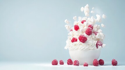 Whipped cream and raspberries explode with airy meringue pieces against a soft blue background.