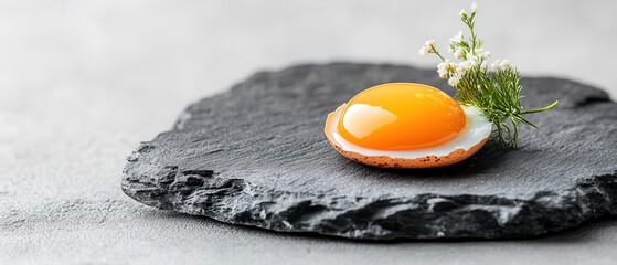 Golden egg yolk in shell on dark slate with delicate flower sprig, minimalist cuisine presentation.