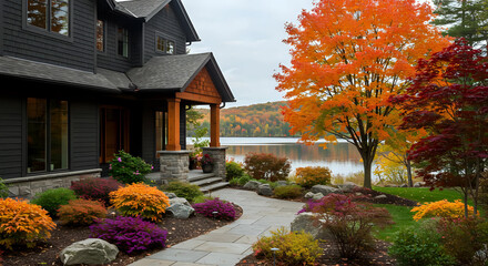 Beautiful modern home with autumnal landscape design : vibrant fall, garden, serene lake view, stone dark siding exterior, ornamental plants - cozy, tranquil, elegant property, lakeside living concept