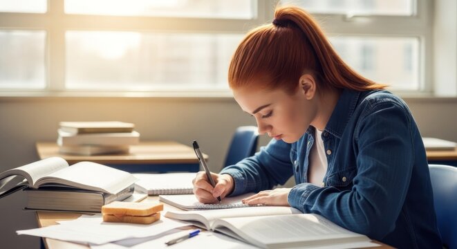 A young woman with red hair sitting at a desk with books and a pencil.