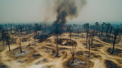 Deforestation wildfire smoke aerial landscape climate environmental haze drought forest land ash crisis destruction trees burn scars dry soil ecology pollution disaster