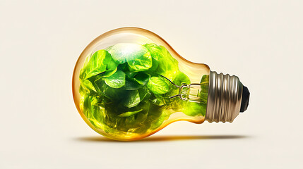 Fototapeta premium Eco light green energy sustainable concept bulb with leaves renewable idea clean power nature inside eco friendly design environmental symbol minimal banner