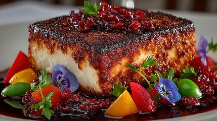 Square food item with colorful garnish and sauce on a plate.