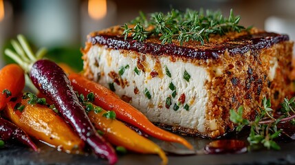Square cake with carrots and herbs on a dark surface food photography.