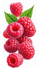 Fresh raspberries with leaves against white background