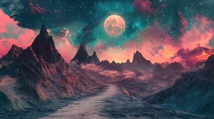 A celestial landscape with mountains under a starry sky and a bright moon