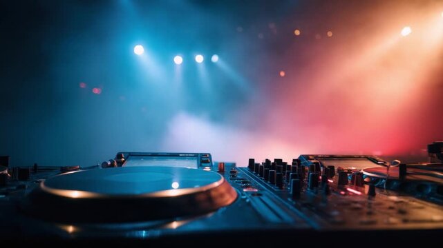 DJ Mixer on Stage: A close-up captures the dynamic DJ mixer under vibrant stage lighting, illuminating the equipment and ready for a night of music and entertainment. 
