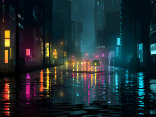 Vibrant Reflections A Rainy Night Illuminated by Neon Lights in the City, Creating a Moody Atmosphere