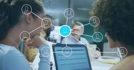 Colleagues in office meeting viewing graph expanding woman tapping node filtering graph shrinking - Powered by Adobe