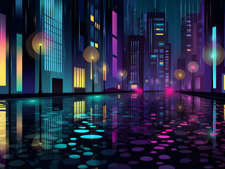 Vector illustration of a rainy night in a neon district, showcasing city lights reflecting on the wet streets