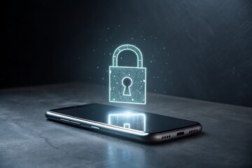 Digital security and privacy protection concept illustrated by a glowing padlock hologram above a smartphone