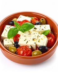 A bowl of feta cheese with tomatoes and olives