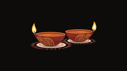 Flat vector diyas with rangoli pattern, festive glow, warm colors, minimal celebration style.