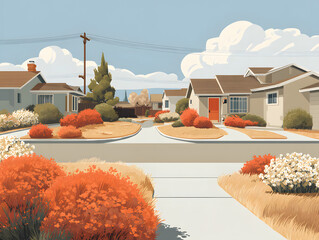 Vector illustration of a residential cul-de-sac, featuring houses, landscape, and community vibes