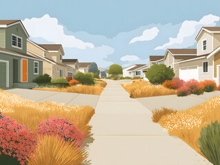 Residential Street View A Vector Illustration Depicting Houses and Landscaping Under a Clear Sky
