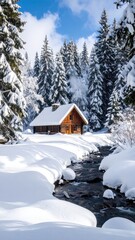 Wooden cabin nestled in a snowy forest
