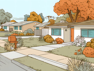Vector illustration of a street with houses, trees, and a mailbox, a peaceful suburban neighborhood