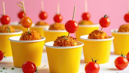 Crispy food balls in yellow cups, cherry tomatoes