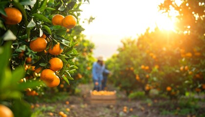 Orange orchard at sunset