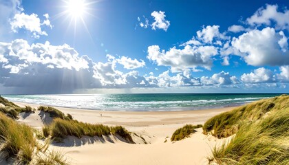 Sunny coastal panorama; dunes, beach, and ocean under a bright sky