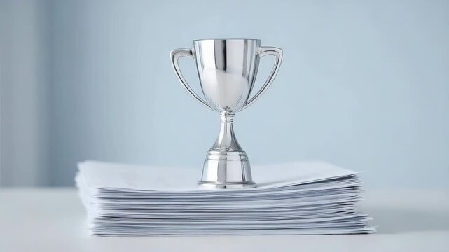 Silver trophy cup on paper stack symbolizing success and achievement