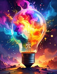 Colorful lightbulb exploding with vibrant colors against a starry background