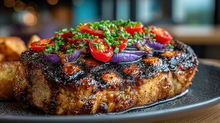 Grilled meat dish with vegetables and potatoes on a dark plate.